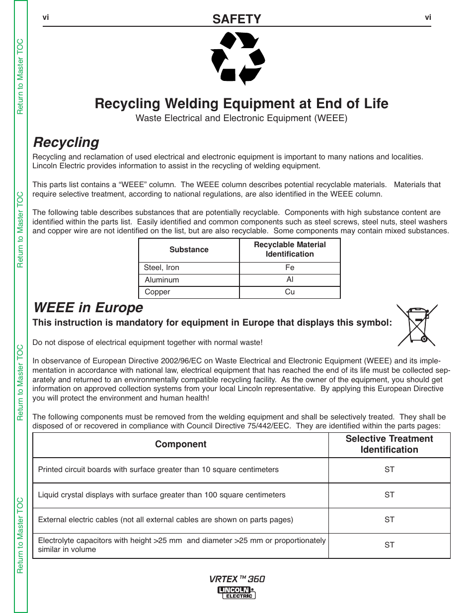 Recycling welding equipment at end of life, Recycling, Weee in europe | Safety | Lincoln Electric VRTEXTM 360 SVM200-A User Manual | Page 8 / 171