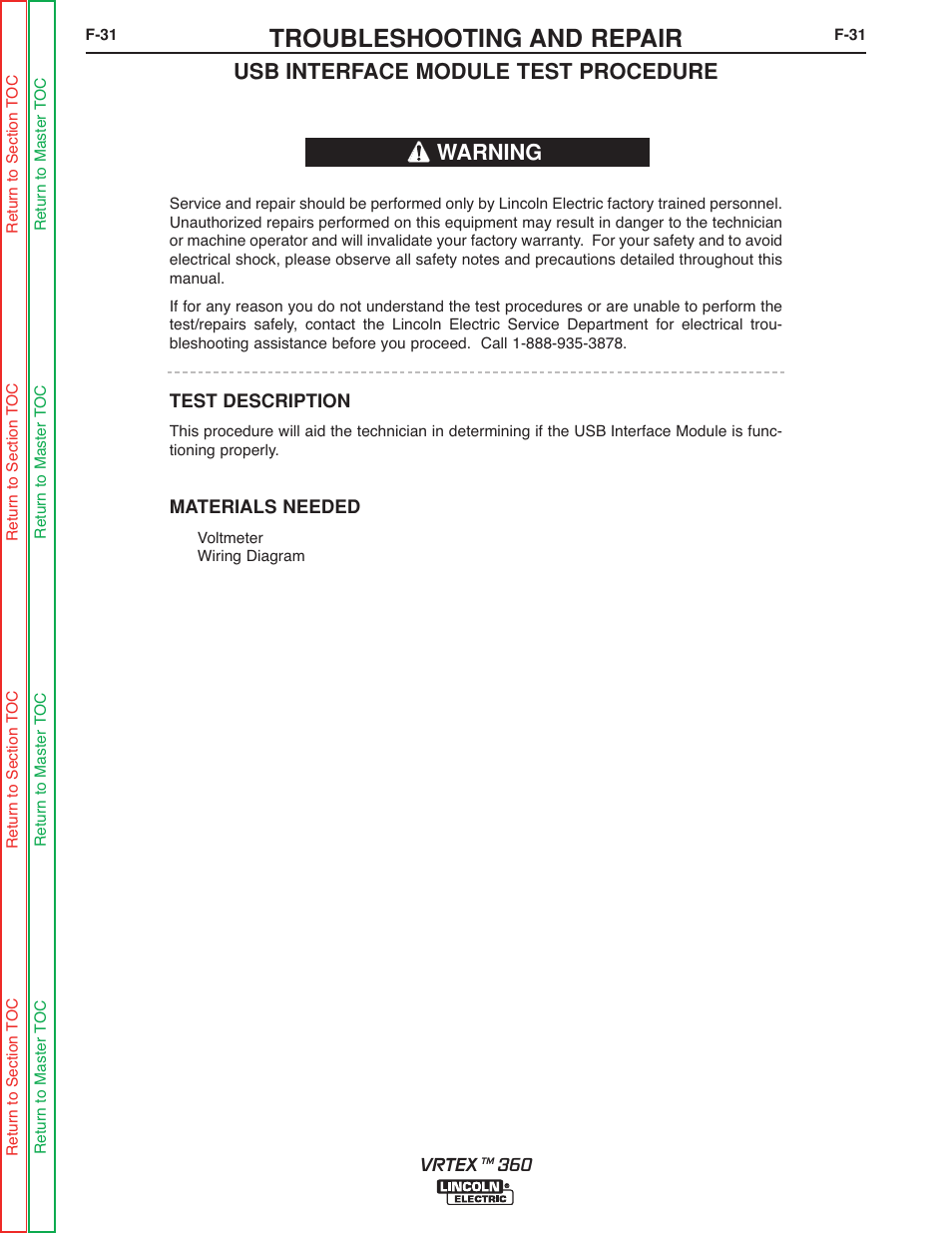Usb interface module test, Troubleshooting and repair, Usb interface module test procedure | Warning | Lincoln Electric VRTEXTM 360 SVM200-A User Manual | Page 88 / 171