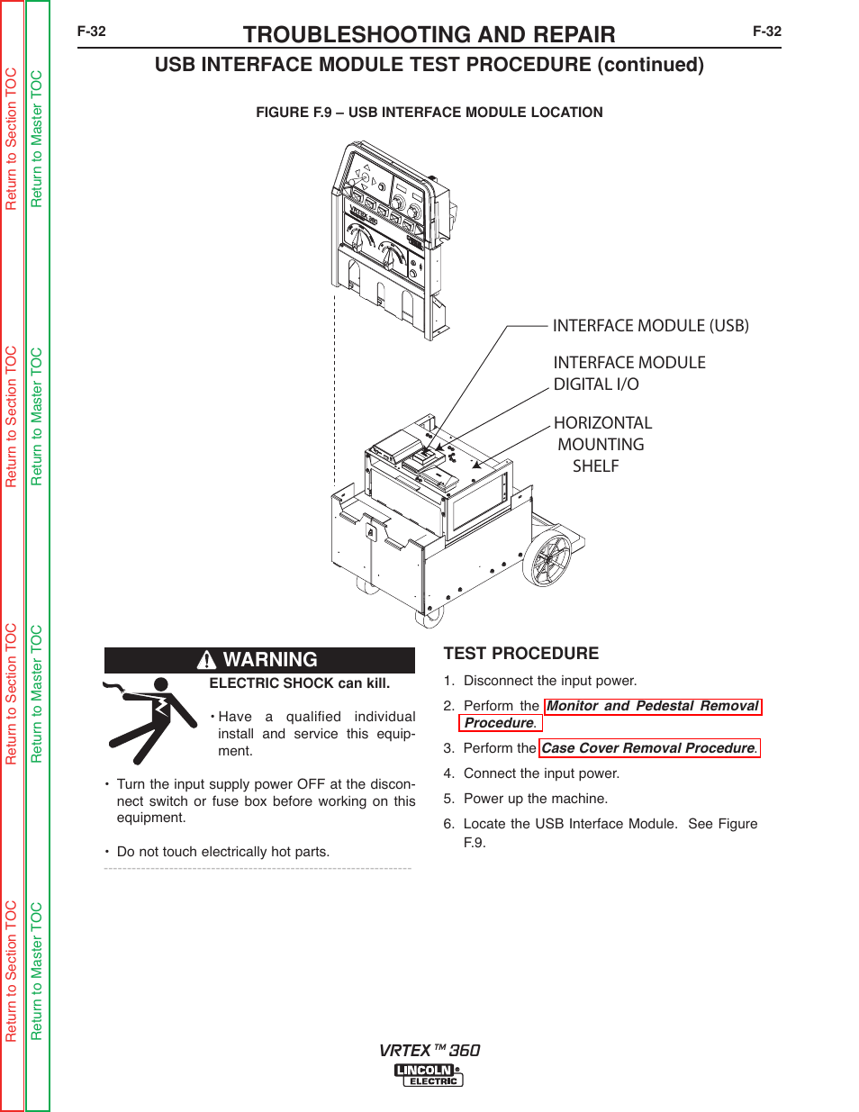 Troubleshooting and repair, Usb interface module test procedure (continued), Warning | Lincoln Electric VRTEXTM 360 SVM200-A User Manual | Page 89 / 171