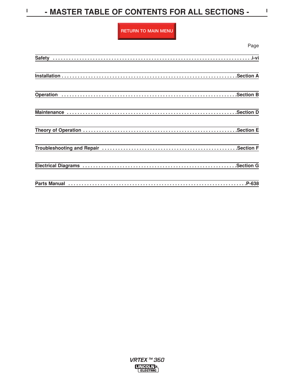 Master table of content, Return, Master | Lincoln Electric VRTEXTM 360 SVM200-A User Manual | Page 9 / 171