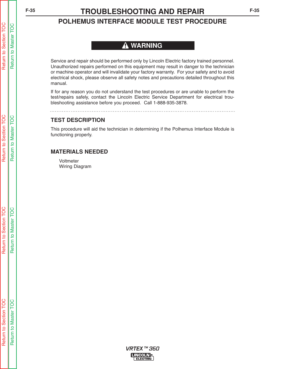 Polhemus interface module test, Troubleshooting and repair, Polhemus interface module test procedure | Warning | Lincoln Electric VRTEXTM 360 SVM200-A User Manual | Page 92 / 171