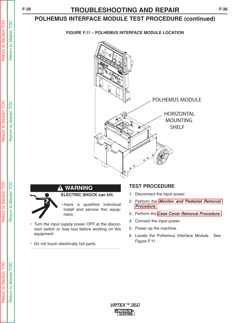 Troubleshooting and repair, Polhemus module horizontal mounting shelf, Warning | Lincoln Electric VRTEXTM 360 SVM200-A User Manual | Page 93 / 171