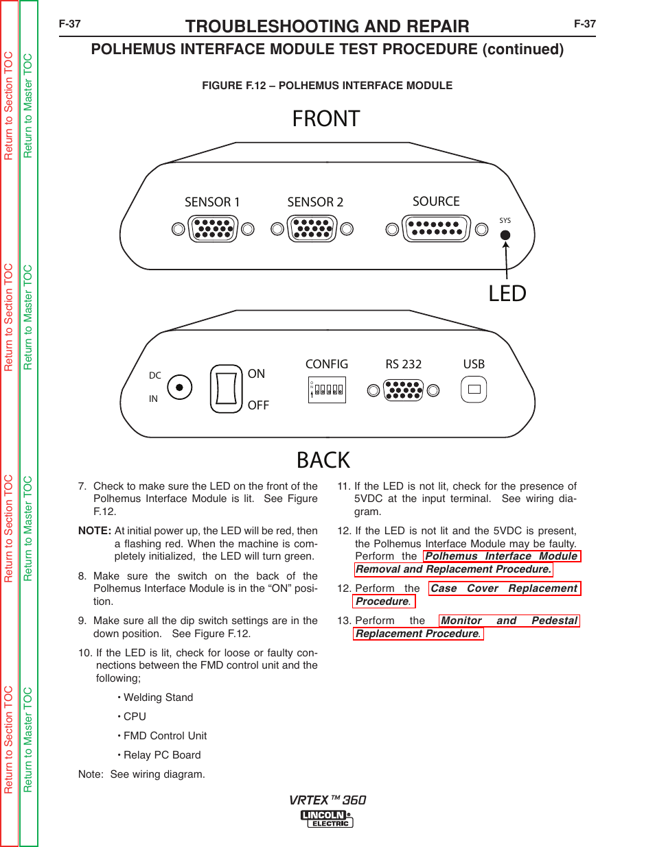 Front back led, Troubleshooting and repair, Sensor 1 sensor 2 source | Lincoln Electric VRTEXTM 360 SVM200-A User Manual | Page 94 / 171