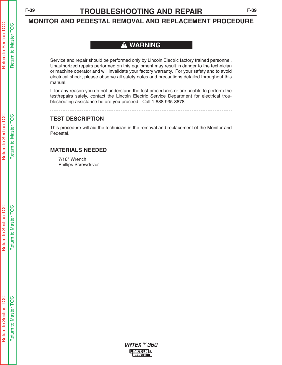 Monitor and pedestal removal, Procedure, Monitor and pedestal | Replacement procedure, Troubleshooting and repair, Warning | Lincoln Electric VRTEXTM 360 SVM200-A User Manual | Page 96 / 171