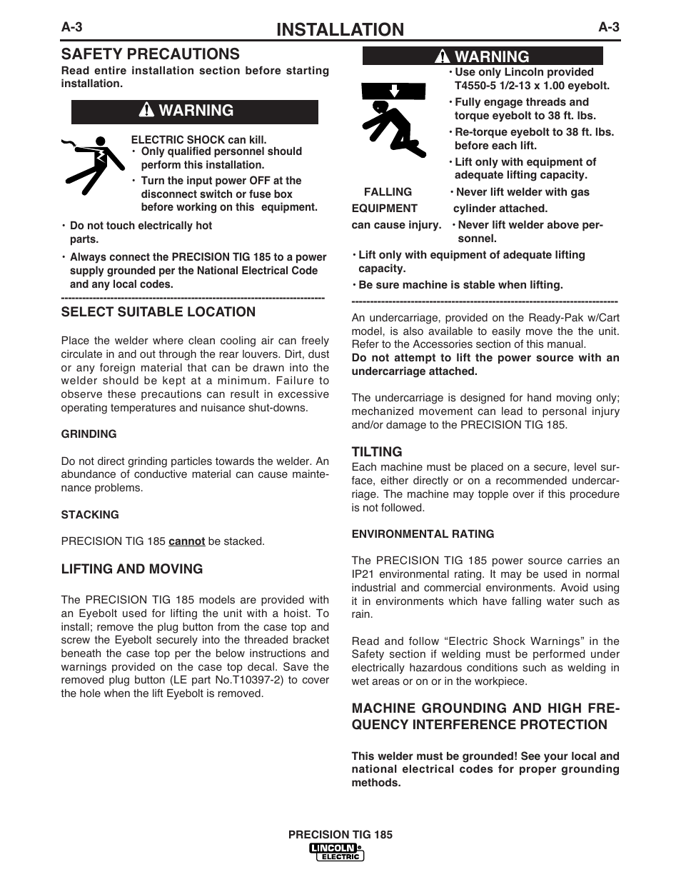 Installation, Safety precautions, Warning | Lincoln Electric PRECISION TIG 185 User Manual | Page 12 / 38