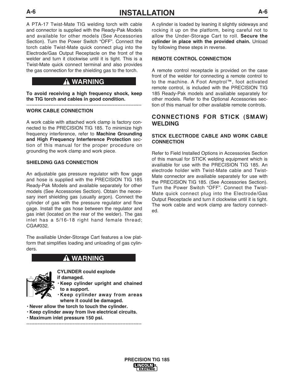 Installation, Warning | Lincoln Electric PRECISION TIG 185 User Manual | Page 15 / 38