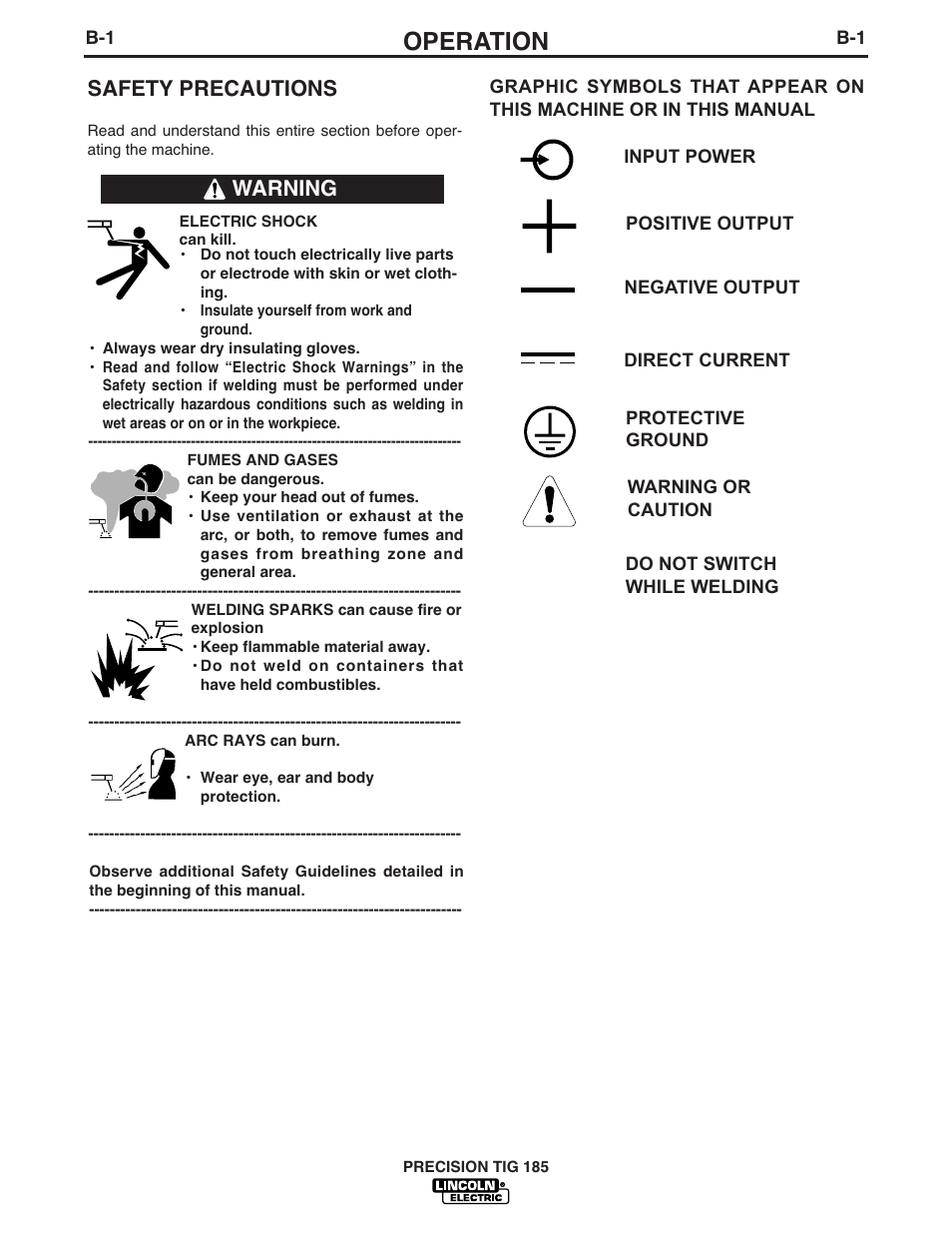 Operation, Safety precautions, Warning | Lincoln Electric PRECISION TIG 185 User Manual | Page 16 / 38