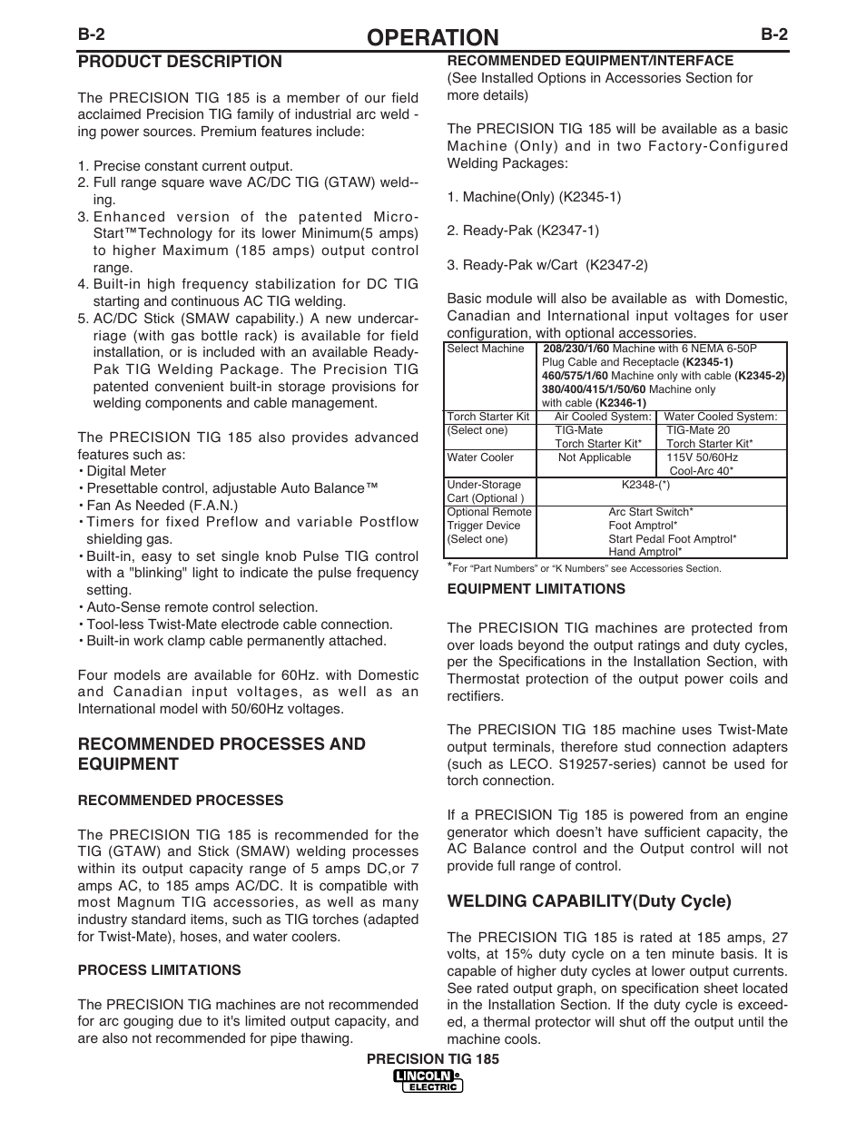 Operation, B-2 product description, Recommended processes and equipment | Welding capability(duty cycle) | Lincoln Electric PRECISION TIG 185 User Manual | Page 17 / 38