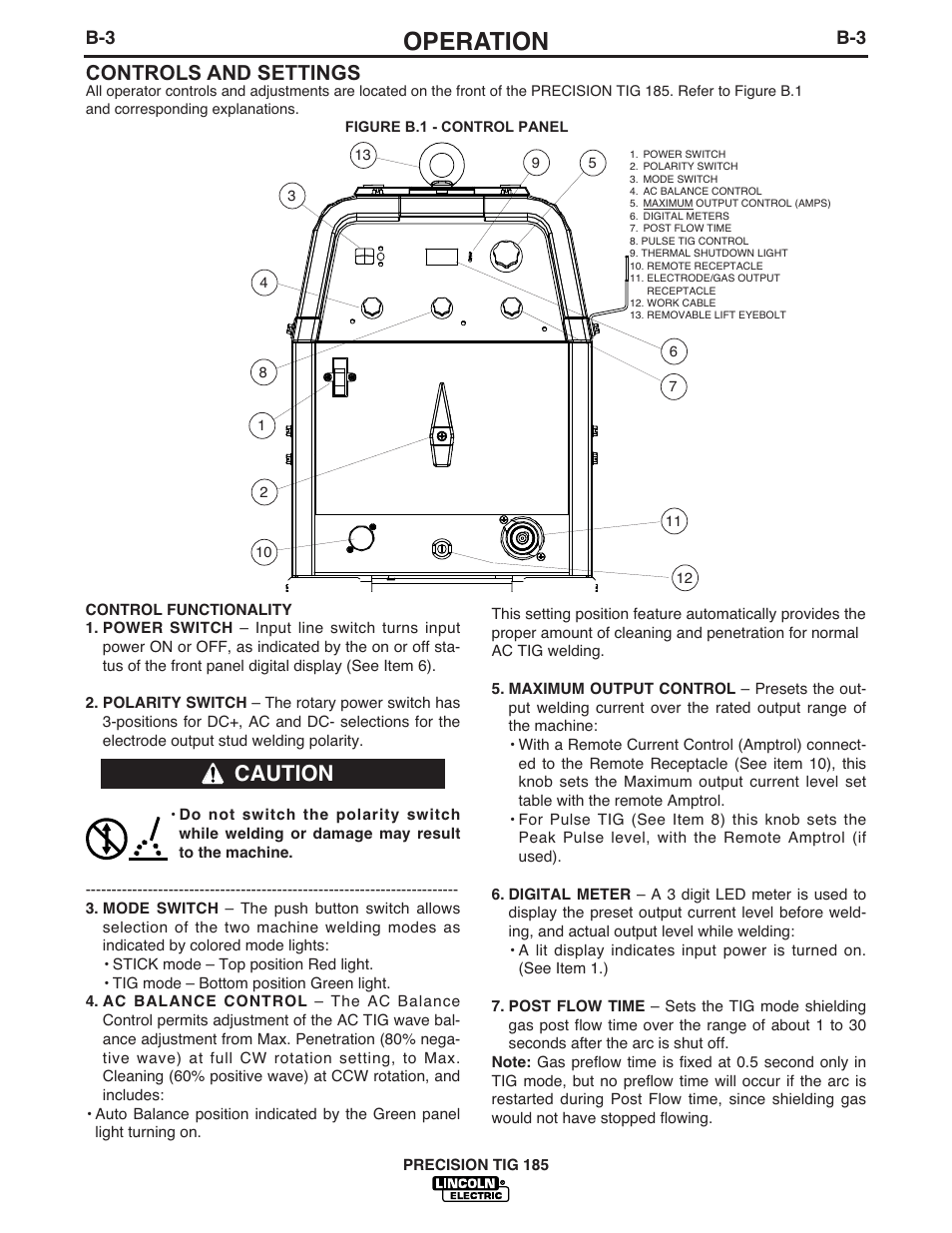 Operation, Caution, Controls and settings | Lincoln Electric PRECISION TIG 185 User Manual | Page 18 / 38