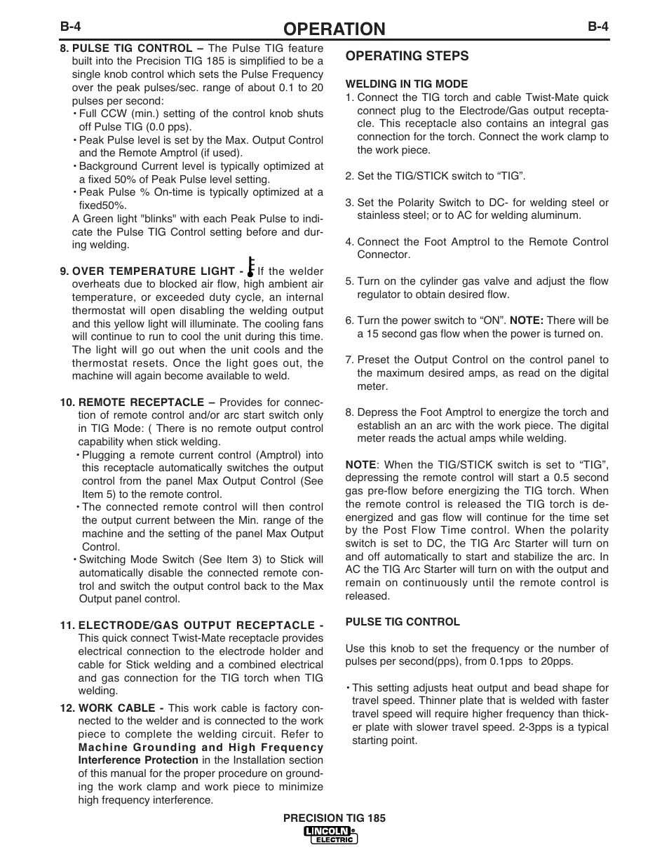 Operation | Lincoln Electric PRECISION TIG 185 User Manual | Page 19 / 38