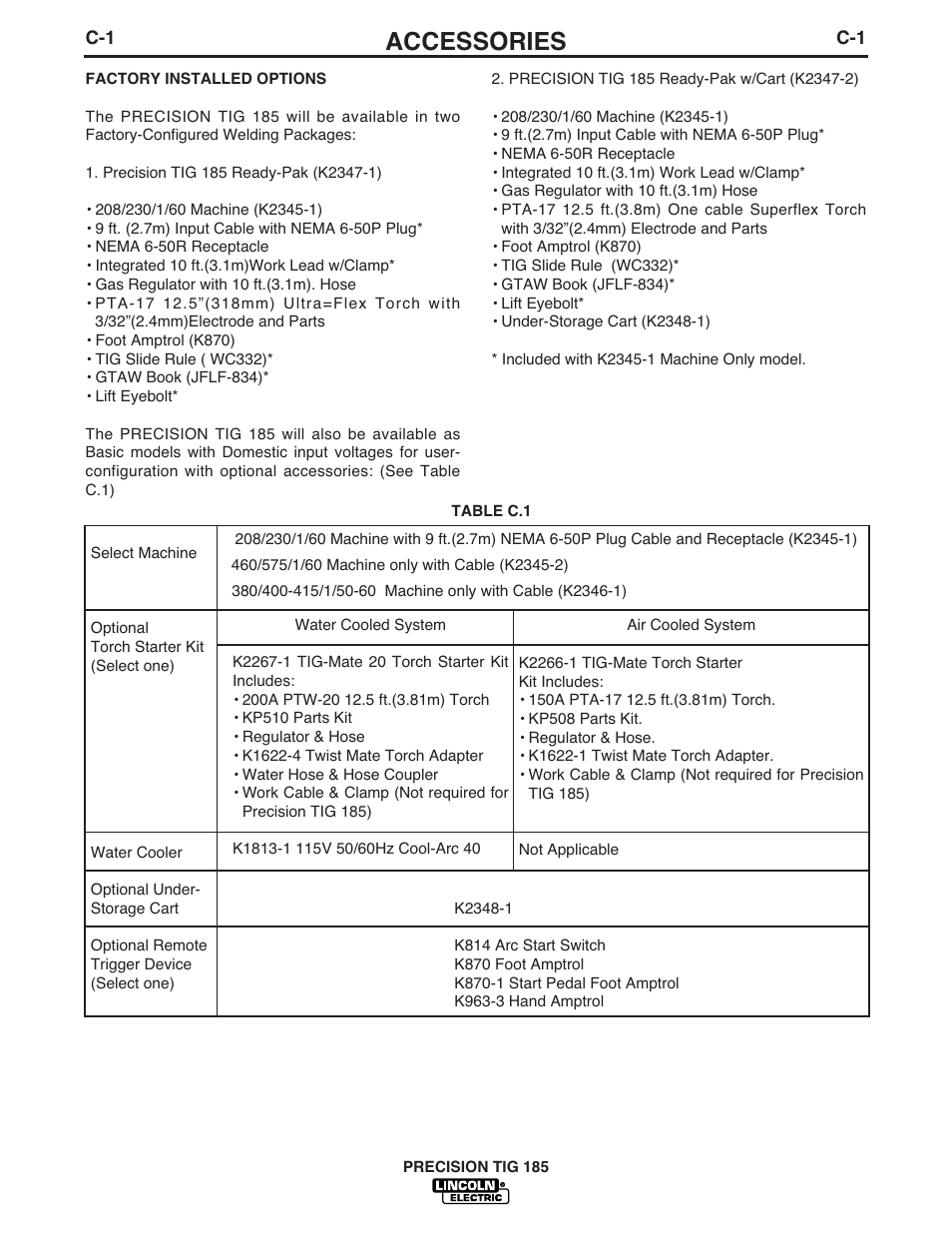 Accessories | Lincoln Electric PRECISION TIG 185 User Manual | Page 22 / 38