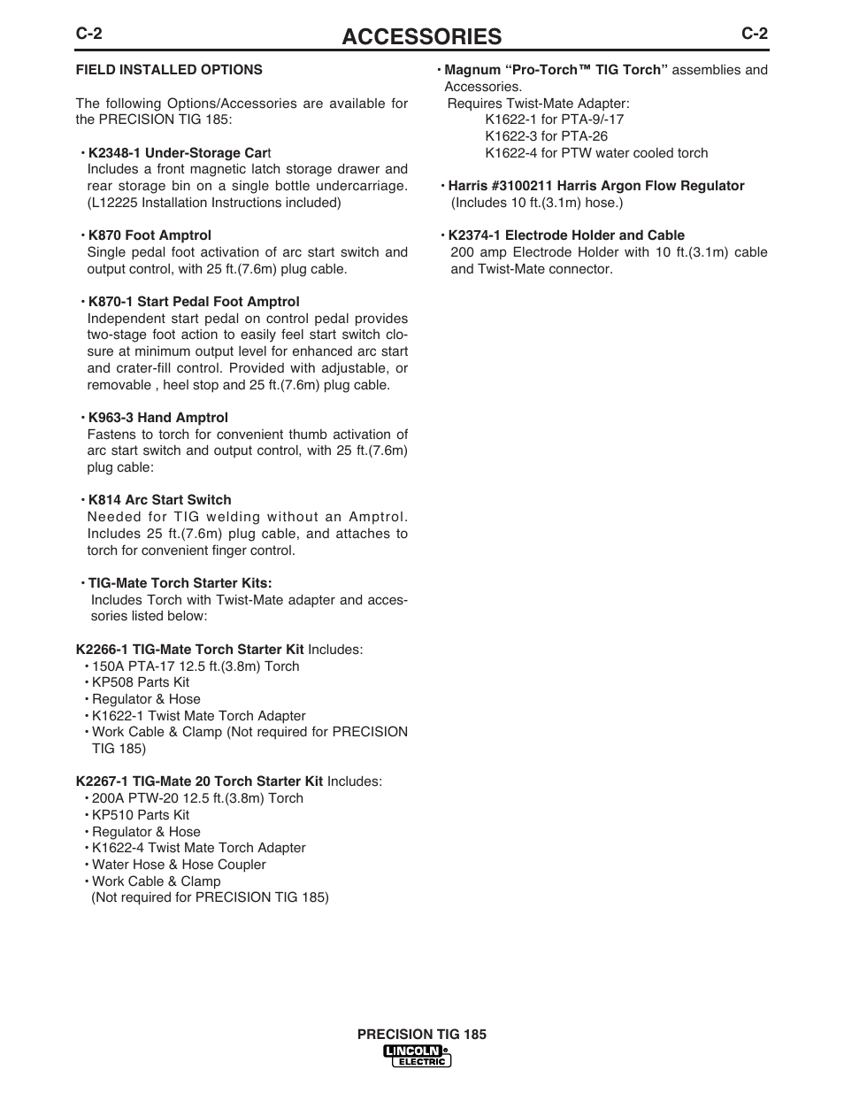 Accessories | Lincoln Electric PRECISION TIG 185 User Manual | Page 23 / 38