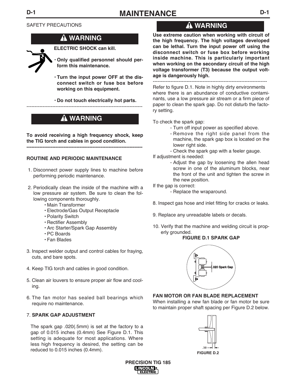 Maintenance, Warning | Lincoln Electric PRECISION TIG 185 User Manual | Page 24 / 38