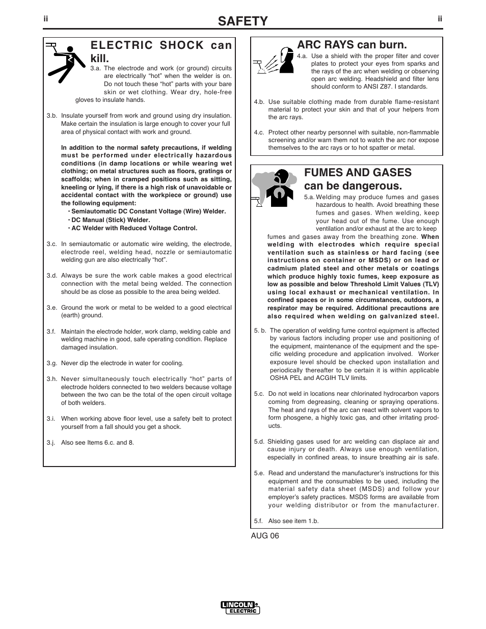 Safety, Arc rays can burn, Electric shock can kill | Fumes and gases can be dangerous | Lincoln Electric PRECISION TIG 185 User Manual | Page 3 / 38