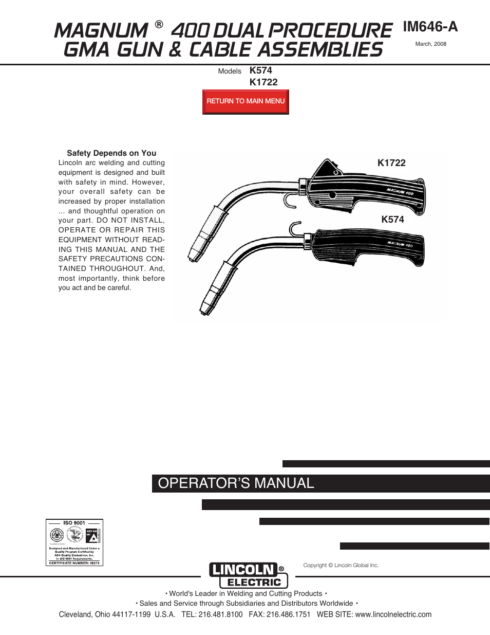 Lincoln Electric MAGNUM 400 DUAL PROCEDURE IM646-A User Manual | 32 pages
