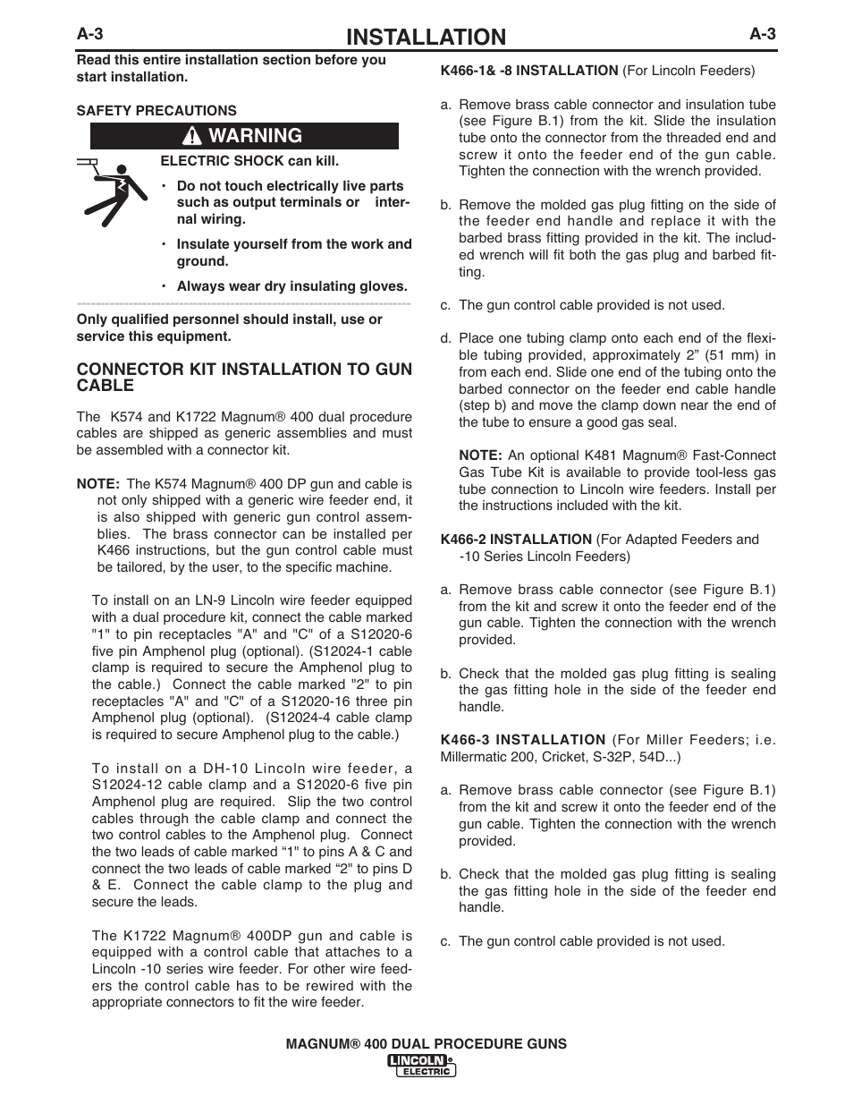 Installation, Warning | Lincoln Electric MAGNUM 400 DUAL PROCEDURE IM646-A User Manual | Page 10 / 32