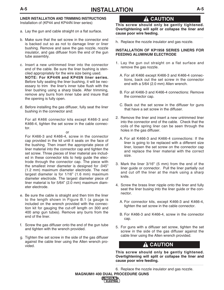 Installation, Caution | Lincoln Electric MAGNUM 400 DUAL PROCEDURE IM646-A User Manual | Page 12 / 32