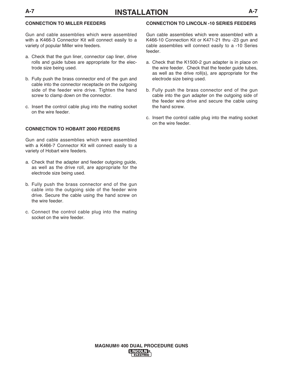 Installation | Lincoln Electric MAGNUM 400 DUAL PROCEDURE IM646-A User Manual | Page 14 / 32