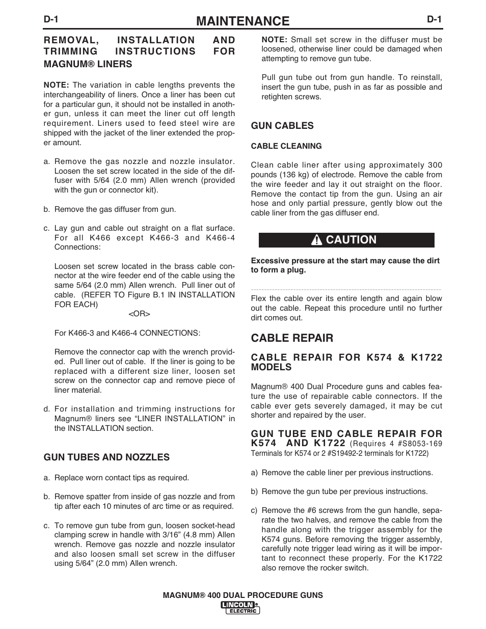 Maintenance, Cable repair, Caution | Lincoln Electric MAGNUM 400 DUAL PROCEDURE IM646-A User Manual | Page 16 / 32