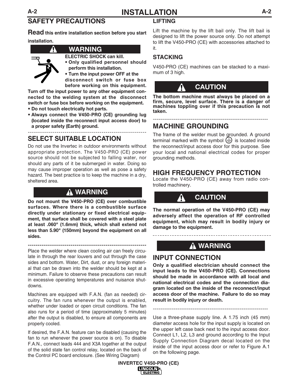 Installation, Machine grounding, High frequency protection | Input connection, Safety precautions read, Select suitable location, Warning, Warning caution caution | Lincoln Electric INVERTEC V450-PRO User Manual | Page 11 / 44