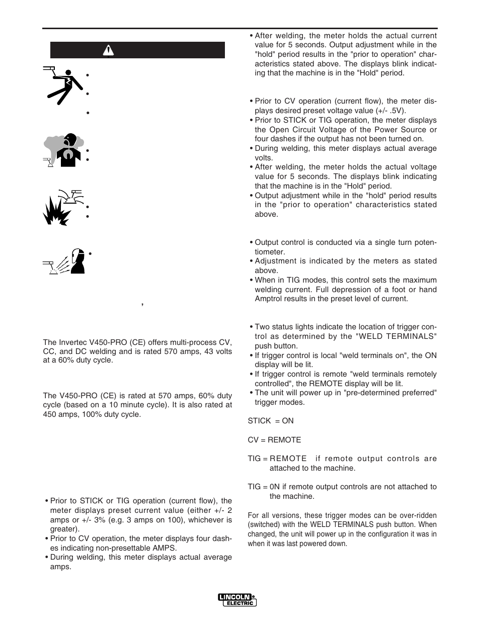 Operation, Warning general description | Lincoln Electric INVERTEC V450-PRO User Manual | Page 16 / 44