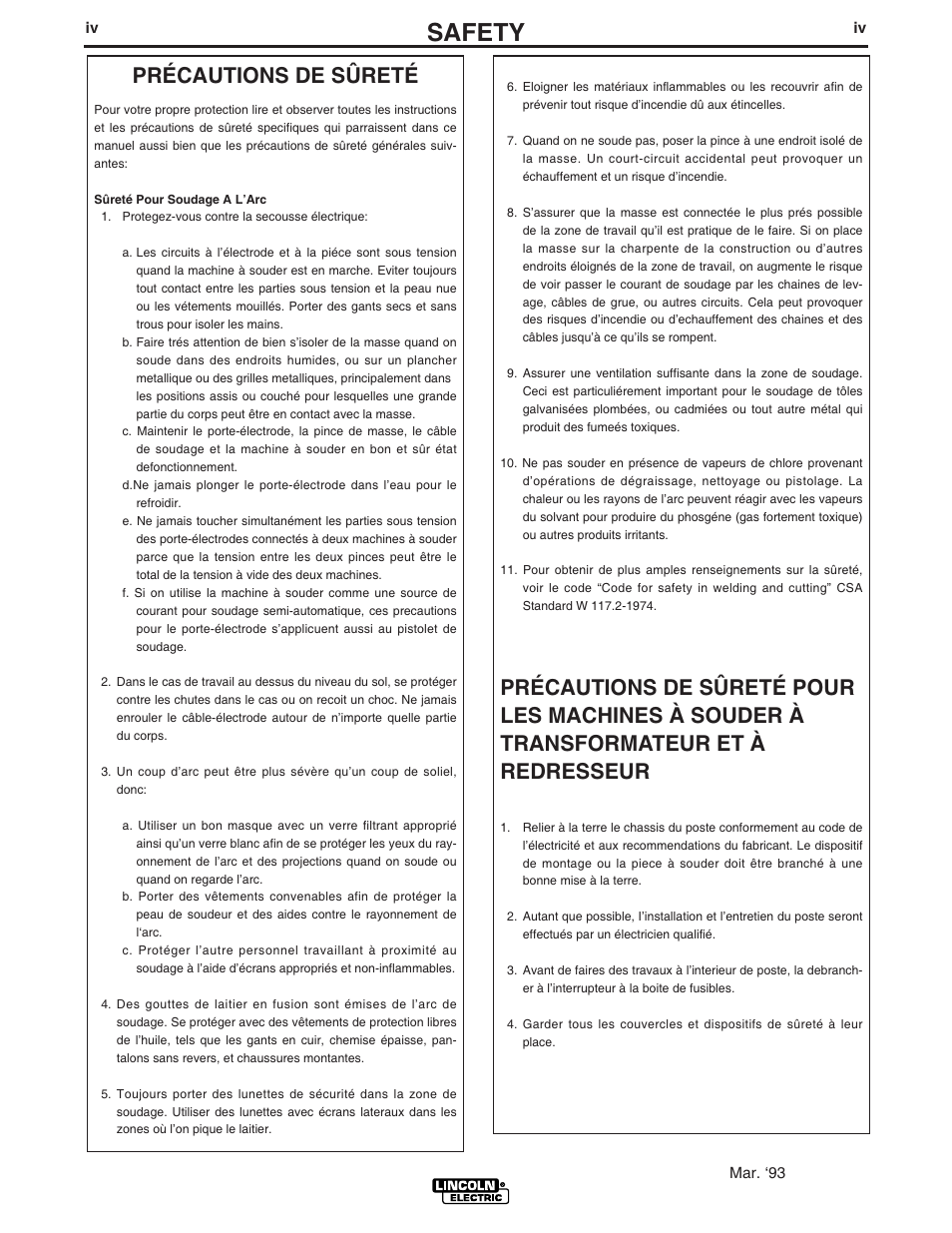 Safety, Précautions de sûreté | Lincoln Electric INVERTEC V450-PRO User Manual | Page 5 / 44