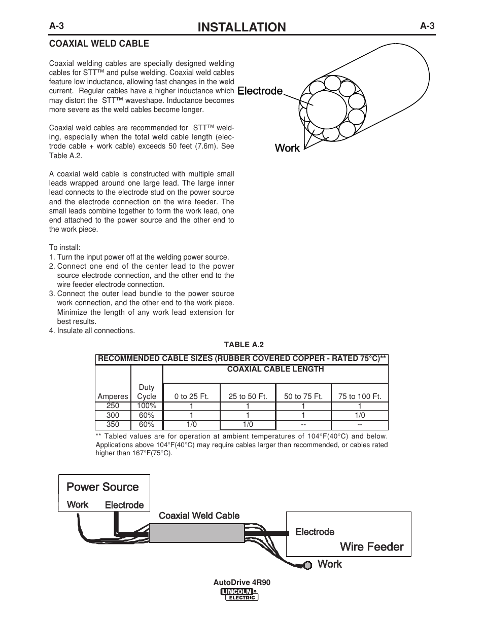 Installation, Power source, Wire feeder | Electrode, Electrode w work ork, Work | Lincoln Electric AUTODRIVE 4R90 User Manual | Page 10 / 33