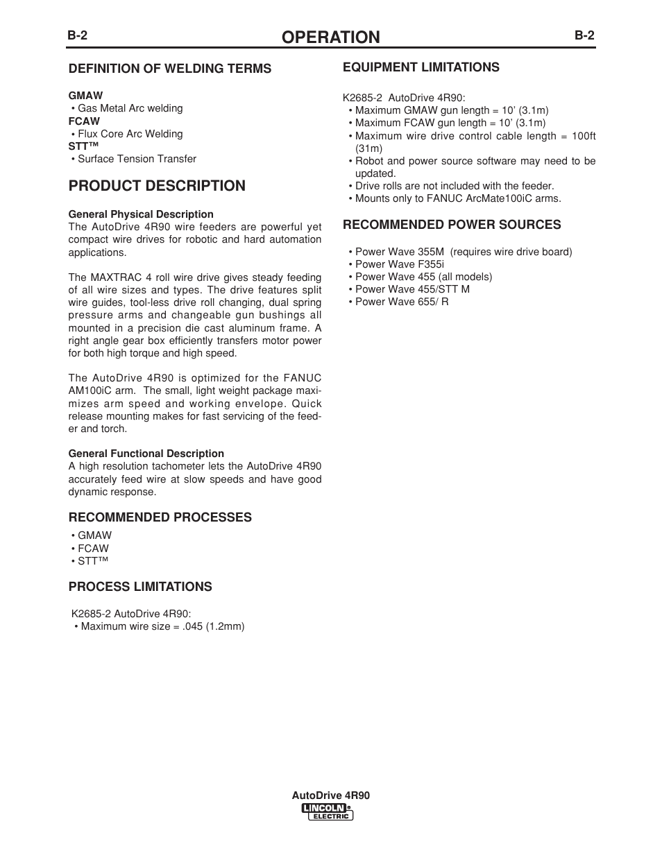 Operation, Product description | Lincoln Electric AUTODRIVE 4R90 User Manual | Page 18 / 33