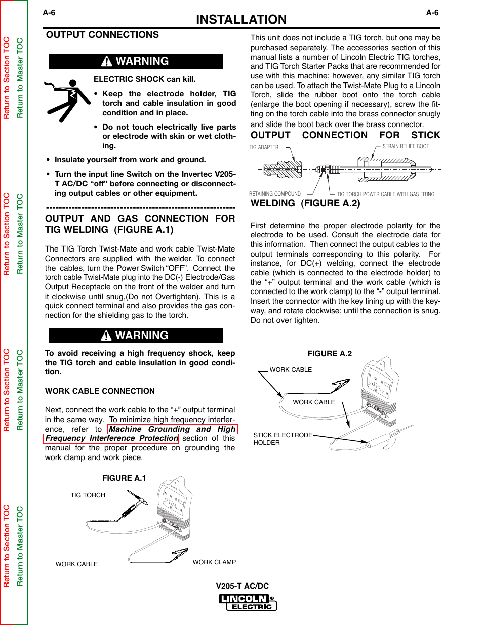 Installation, Warning, Output connections | Output connection for stick welding (figure a.2) | Lincoln Electric Invertec V205-T User Manual | Page 12 / 109