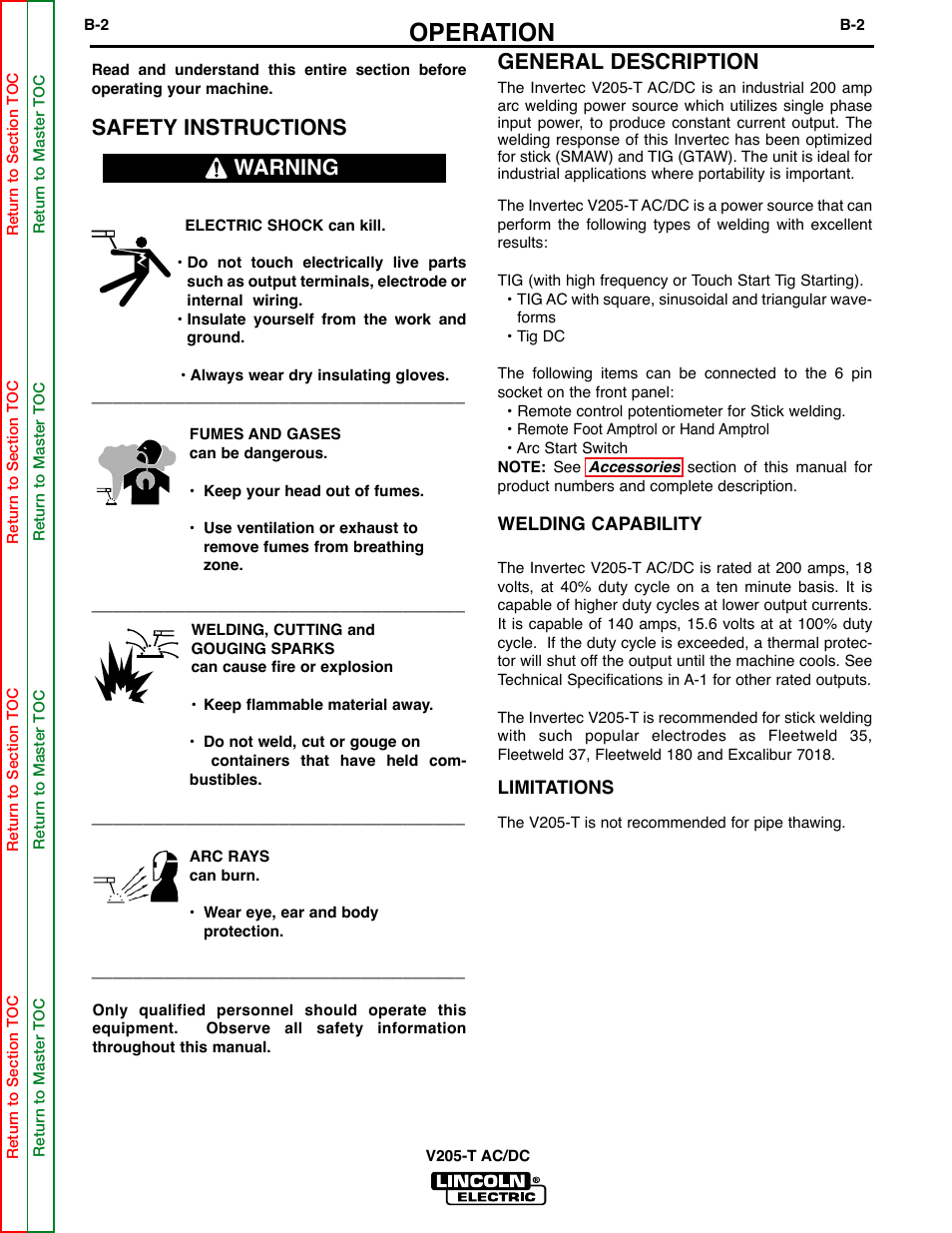 Operation, Safety instructions, General description | Warning | Lincoln Electric Invertec V205-T User Manual | Page 16 / 109