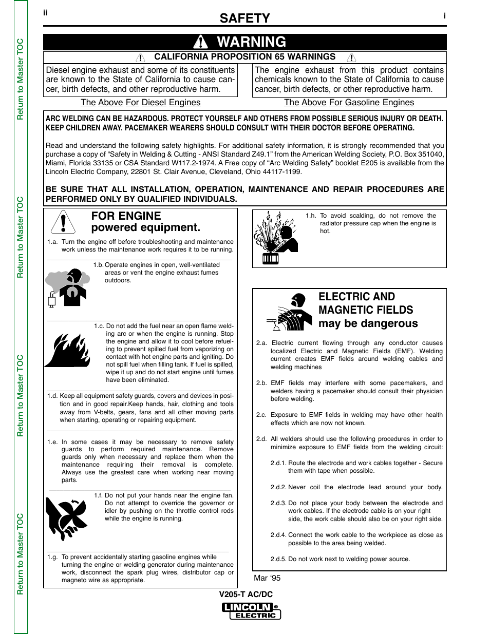 Safety, Iew safety info, Warning | For engine powered equipment, Electric and magnetic fields may be dangerous | Lincoln Electric Invertec V205-T User Manual | Page 2 / 109