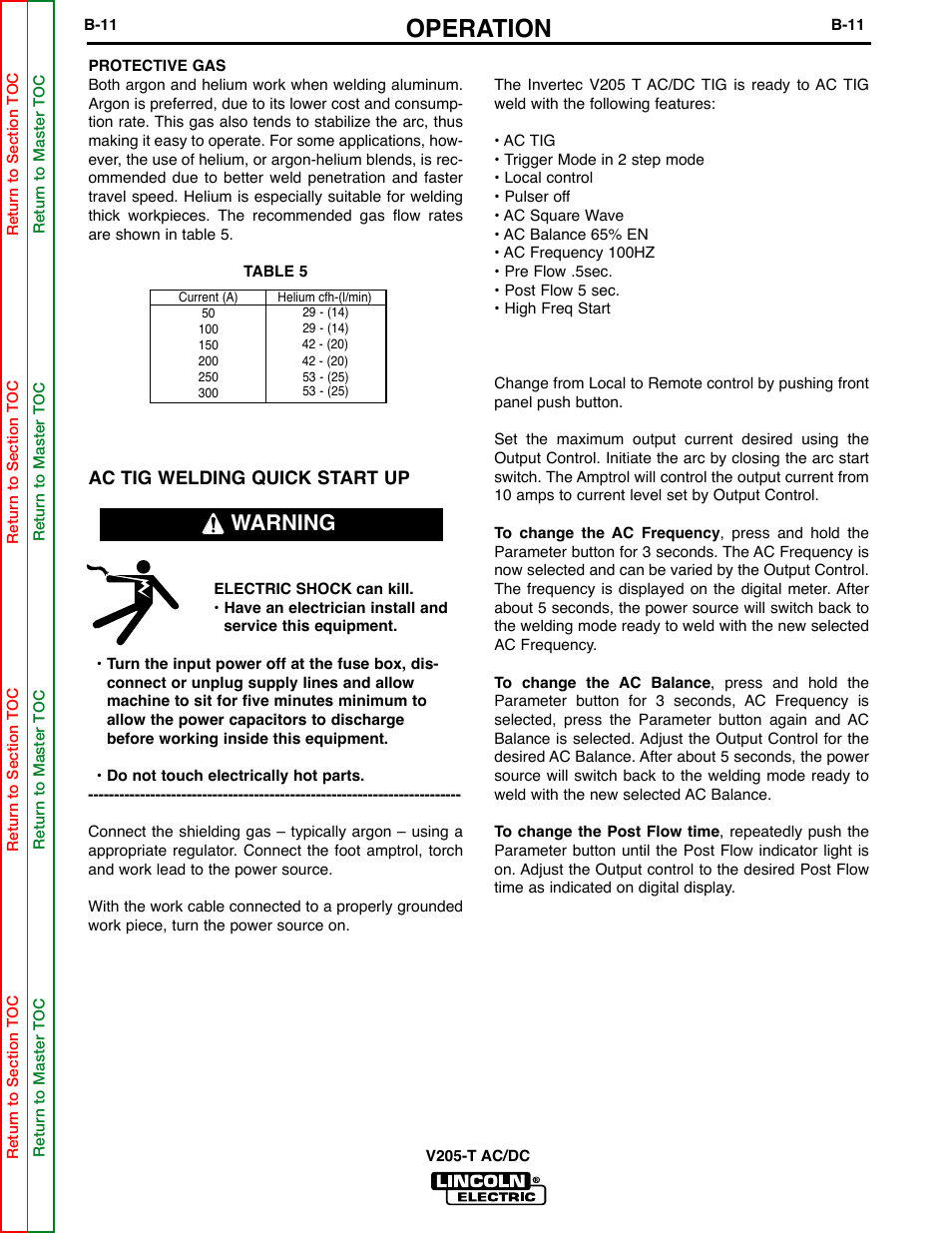 Operation, Warning | Lincoln Electric Invertec V205-T User Manual | Page 25 / 109