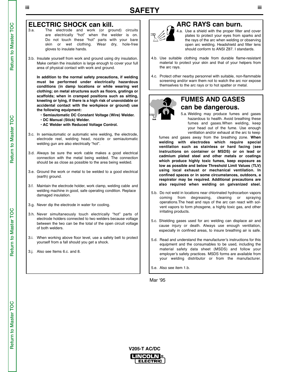 Safety, Arc rays can burn, Electric shock can kill | Fumes and gases can be dangerous | Lincoln Electric Invertec V205-T User Manual | Page 3 / 109