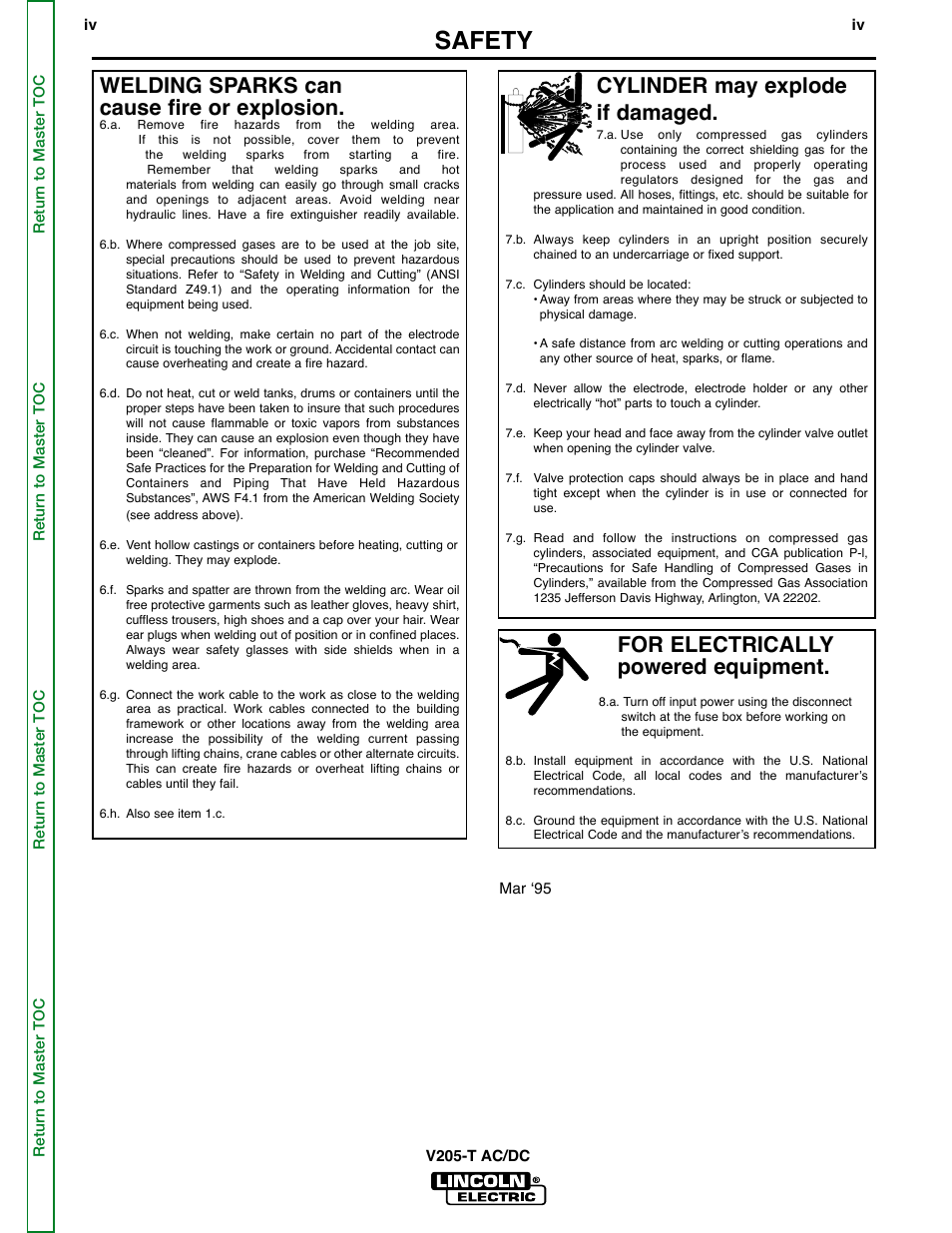 Safety, For electrically powered equipment, Cylinder may explode if damaged | Welding sparks can cause fire or explosion | Lincoln Electric Invertec V205-T User Manual | Page 4 / 109