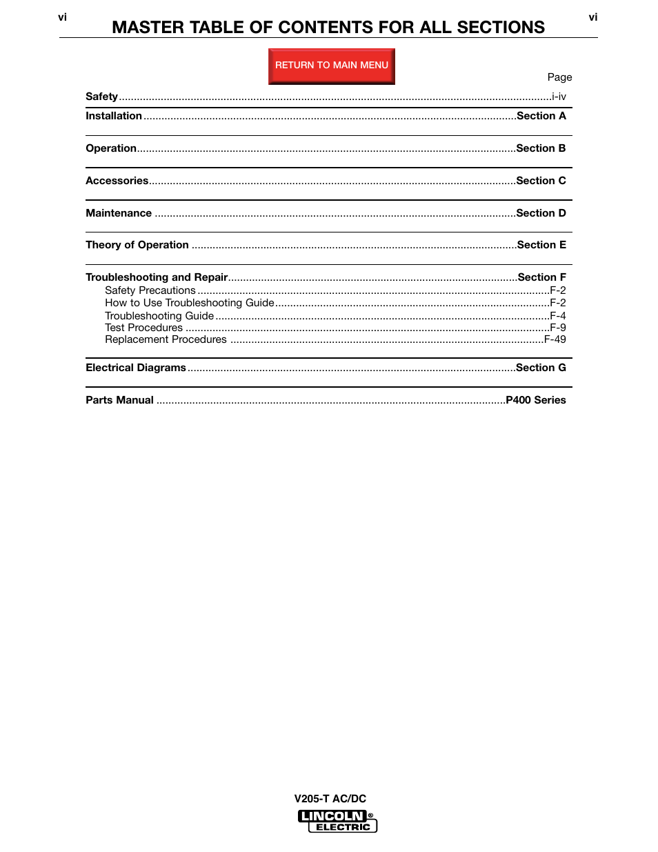 Master table of contents, Retur, N to master toc | Lincoln Electric Invertec V205-T User Manual | Page 6 / 109