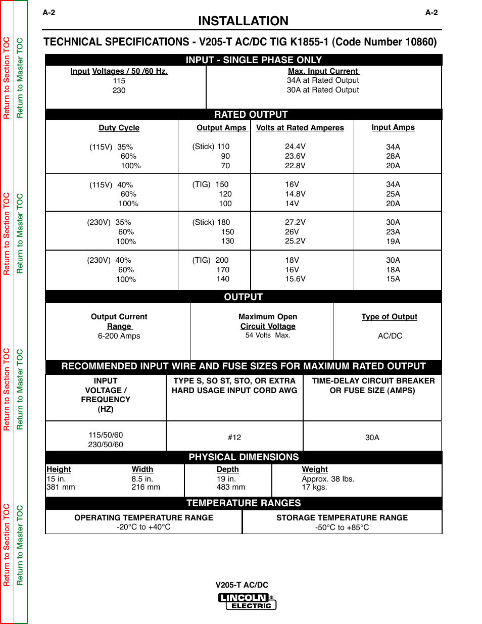 Installation | Lincoln Electric Invertec V205-T User Manual | Page 8 / 109