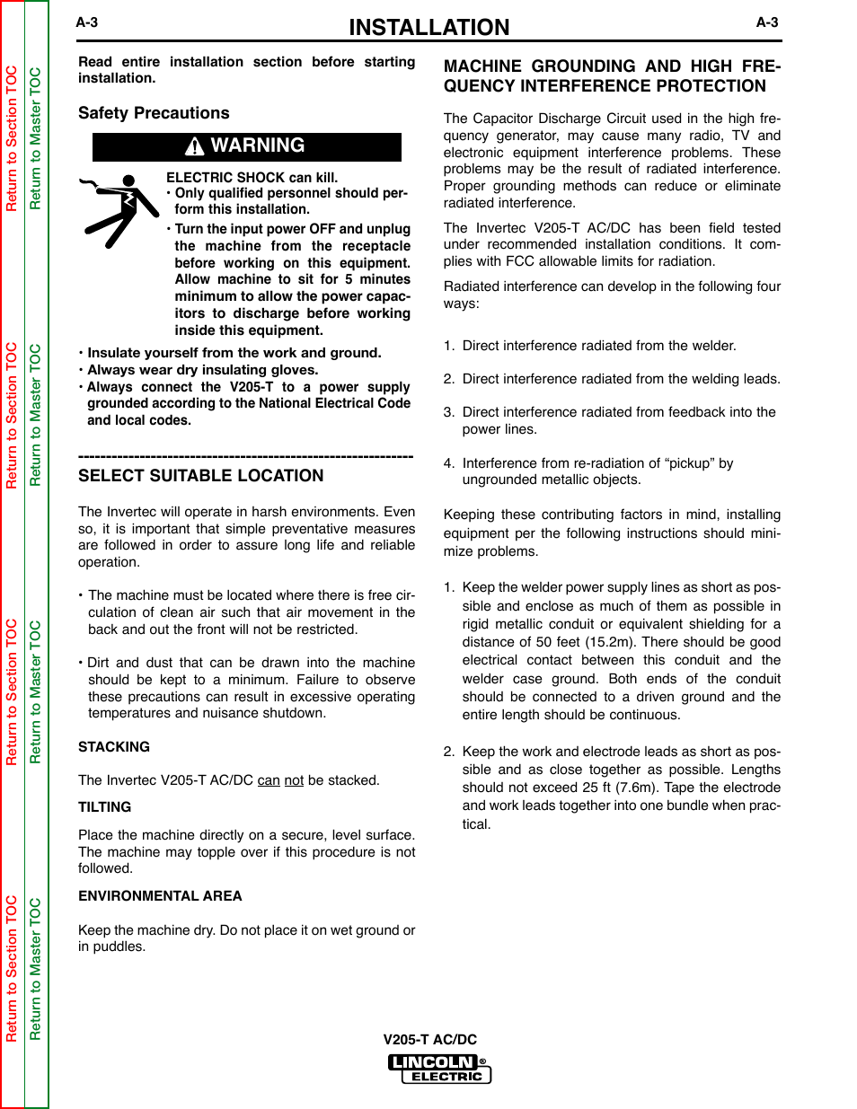 Installation, Warning | Lincoln Electric Invertec V205-T User Manual | Page 9 / 109