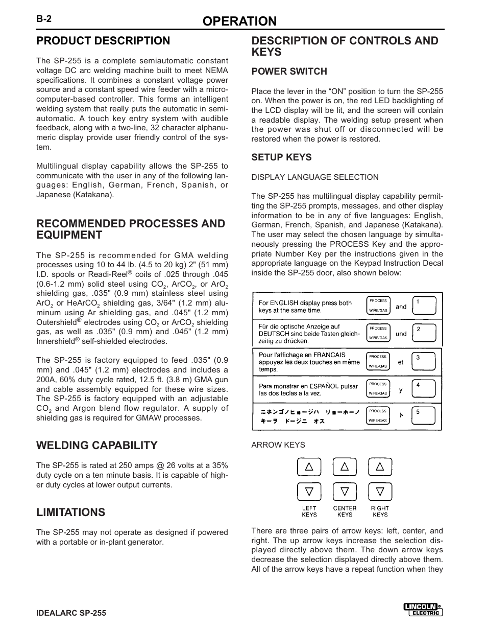 Operation, Product description, Recommended processes and equipment | Welding capability, Limitations, Description of controls and keys | Lincoln Electric IDEALARC SP-255 User Manual | Page 14 / 53