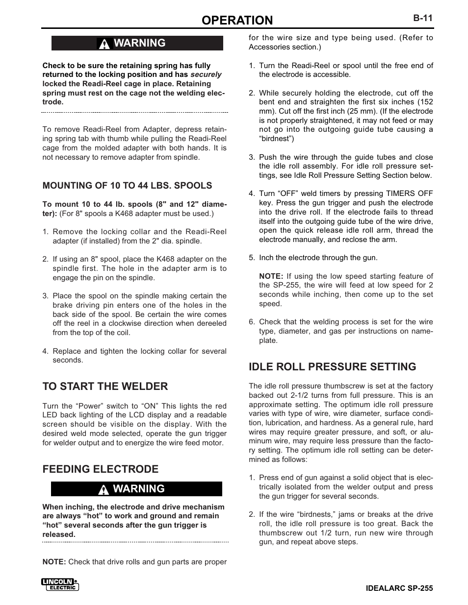 Operation, Feeding electrode, Idle roll pressure setting | Warning | Lincoln Electric IDEALARC SP-255 User Manual | Page 23 / 53