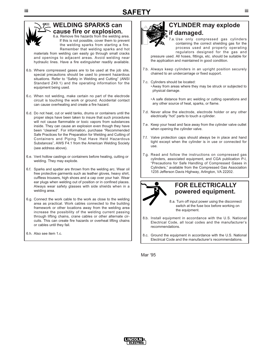 Safety, For electrically powered equipment, Cylinder may explode if damaged | Welding sparks can cause fire or explosion | Lincoln Electric IDEALARC SP-255 User Manual | Page 4 / 53