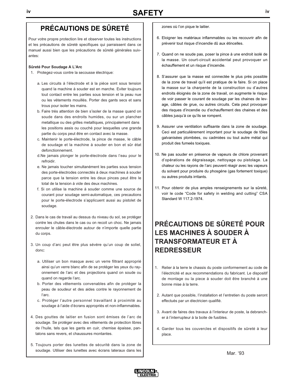 Safety, Précautions de sûreté | Lincoln Electric IDEALARC SP-255 User Manual | Page 5 / 53
