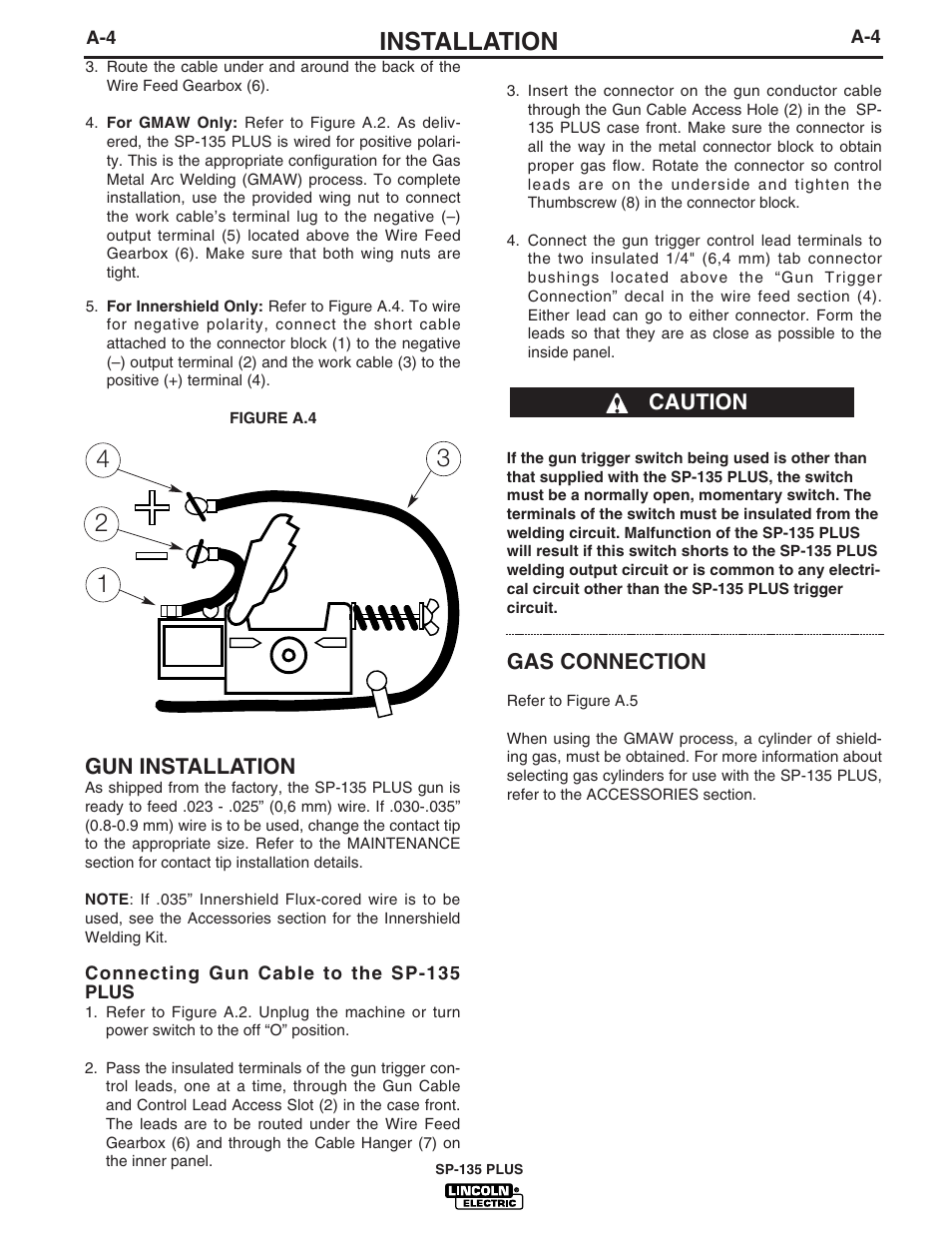 Installation, Gas connection, Gun installation | Caution | Lincoln Electric IM788 User Manual | Page 11 / 35