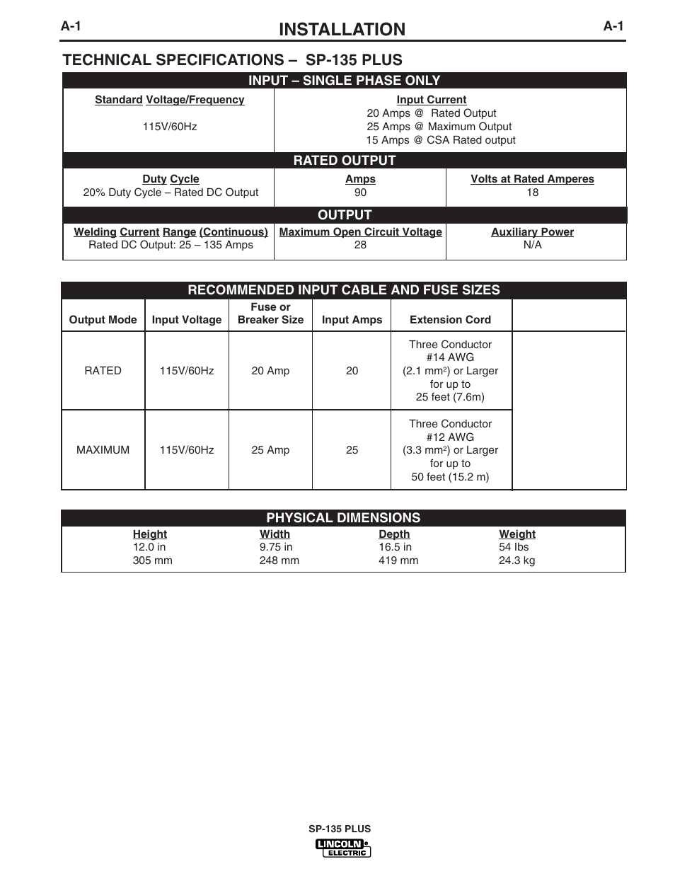Installation, Technical specifications – sp-135 plus | Lincoln Electric IM788 User Manual | Page 8 / 35