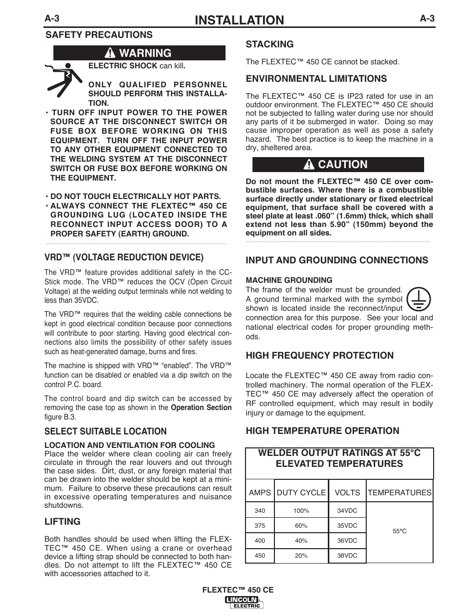 Installation, Warning, Caution | Lincoln Electric FLEXTEC 450 CE User Manual | Page 10 / 40