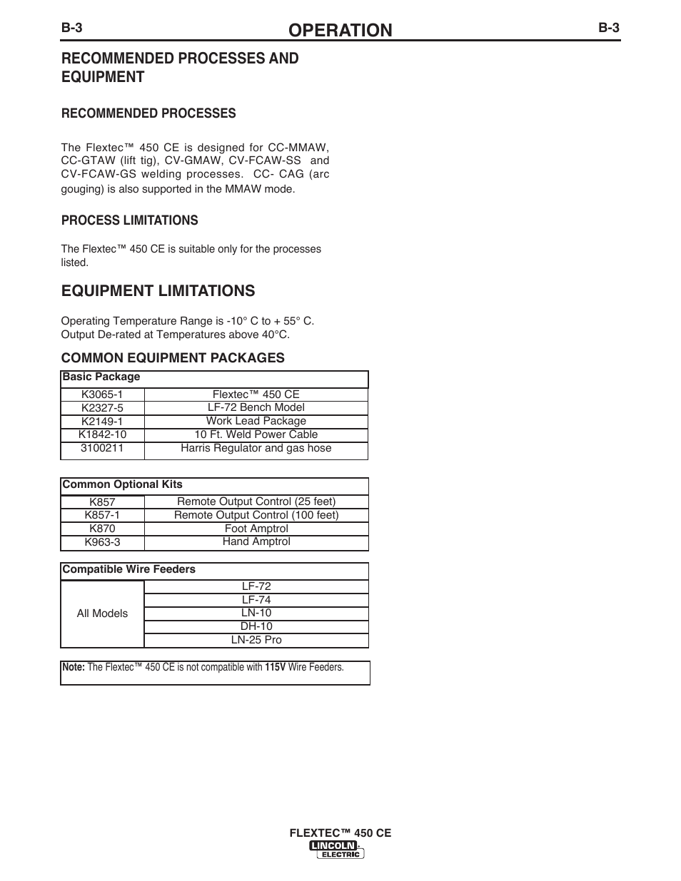 Operation, Recommended processes and equipment, Equipment limitations | Lincoln Electric FLEXTEC 450 CE User Manual | Page 20 / 40