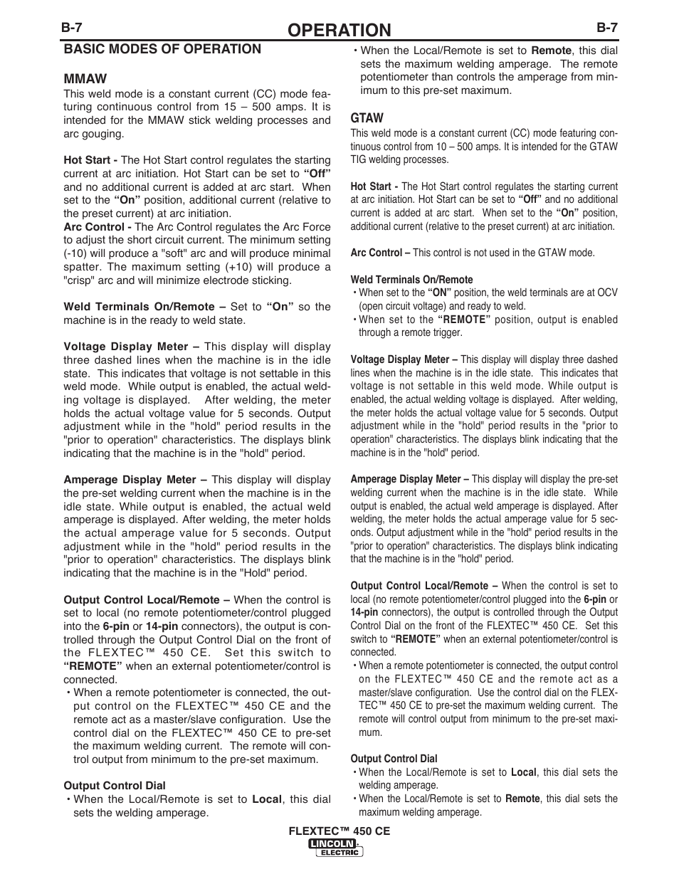 Operation | Lincoln Electric FLEXTEC 450 CE User Manual | Page 24 / 40