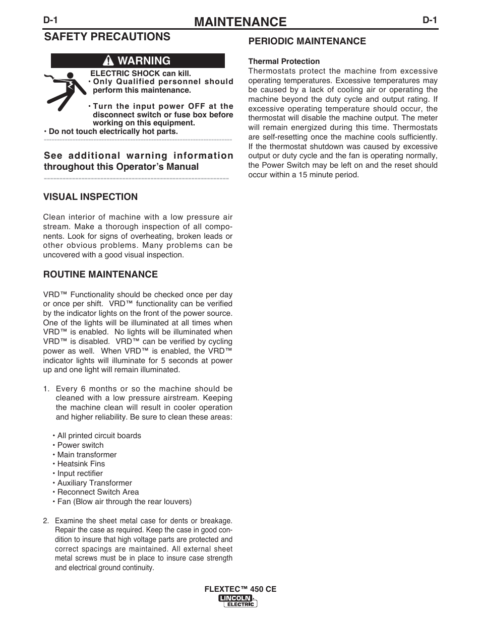 Maintenance, Safety precautions, Warning | Lincoln Electric FLEXTEC 450 CE User Manual | Page 27 / 40