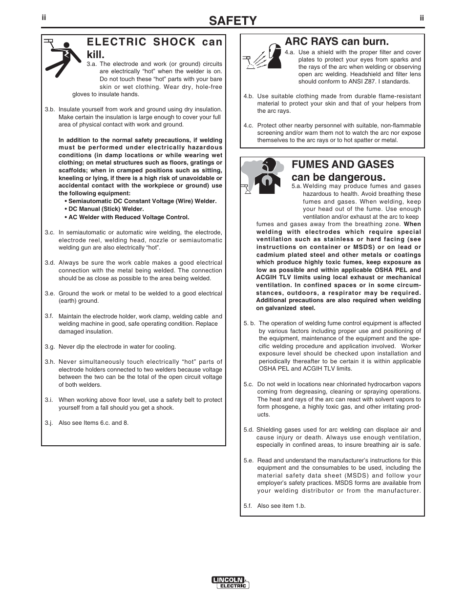 Safety, Arc rays can burn, Electric shock can kill | Fumes and gases can be dangerous | Lincoln Electric FLEXTEC 450 CE User Manual | Page 3 / 40