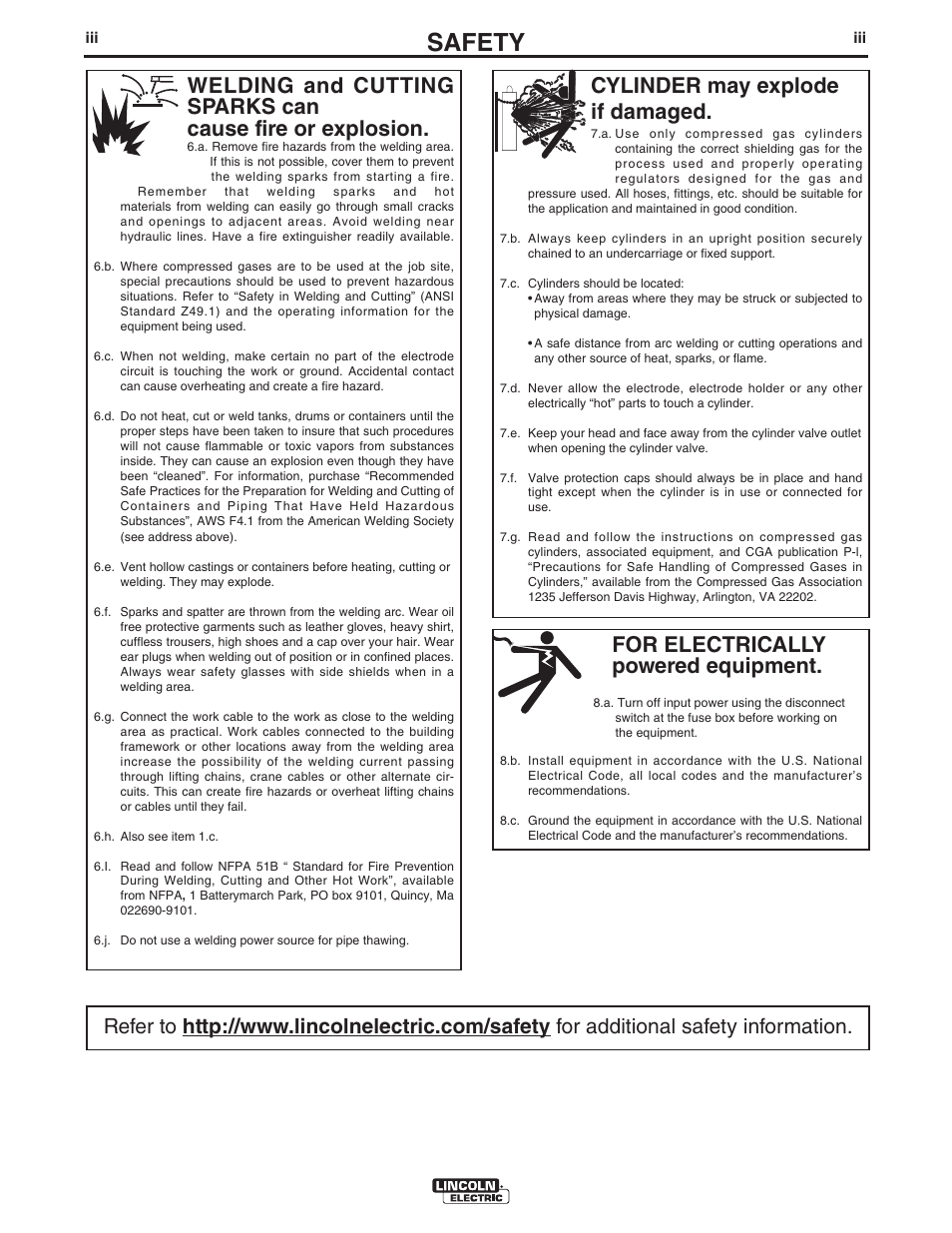 Safety, For electrically powered equipment, Cylinder may explode if damaged | Lincoln Electric FLEXTEC 450 CE User Manual | Page 4 / 40