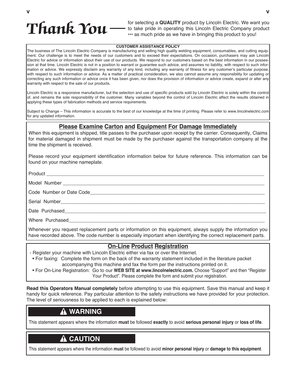 Warning, Caution | Lincoln Electric FLEXTEC 450 CE User Manual | Page 6 / 40